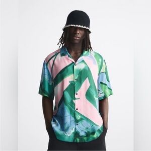 ZARA Men's Abstract Print Pink , Green Button Down Shirt